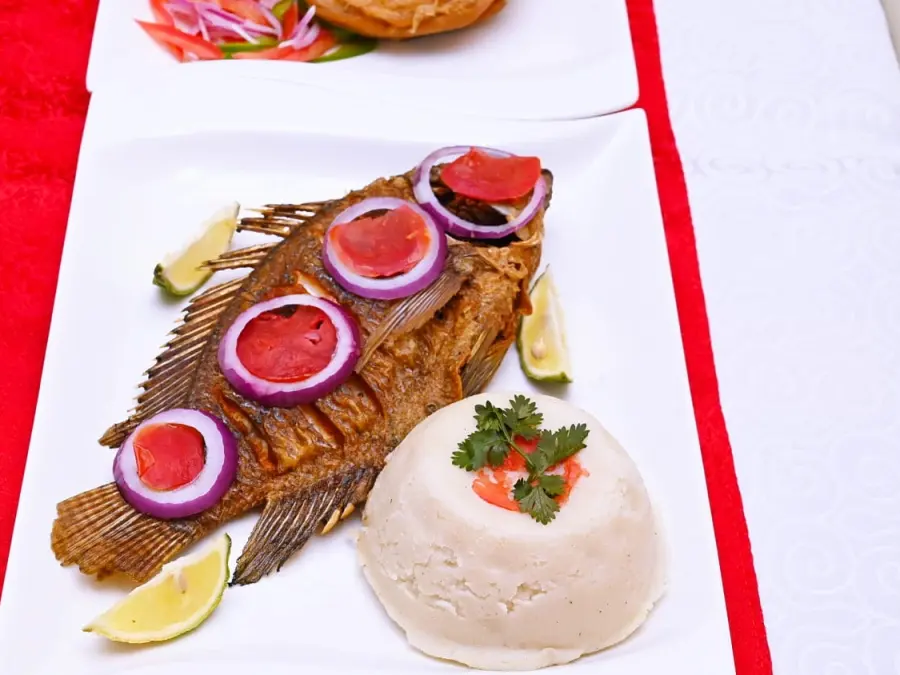Whole fried tilapia with ugali