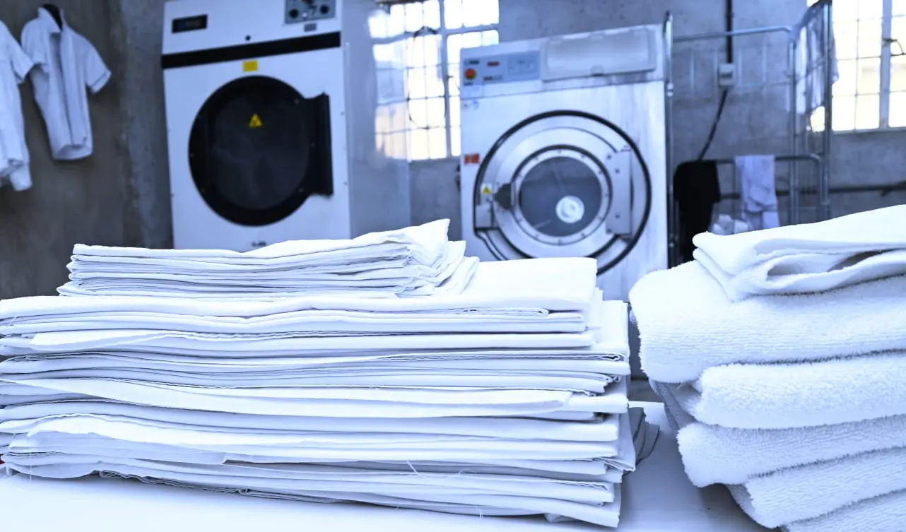 Folded linen in the hotel laundry